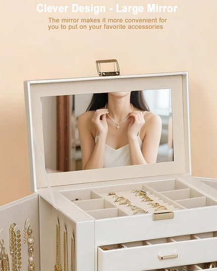 BOOVO Jewelry Box For women, 6 Layer Large Jewelry Organizer With Mirror, Multi-Function Storage Box With Lock, Necklace Holder With 5 Drawers, For Earrings Necklace Bracelet (Pearl White and Gold)