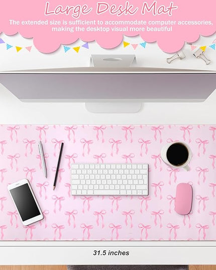 Large Pink Bows Mouse Pads Coquette Kawaii Mouse Pad 31.5 x 15.75 Inches Preppy Trendy Computer Desk Mat for Laptop with Non-Slip Rubber Base Mat Office Accessories Decor for Women