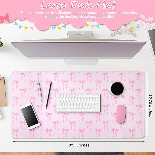 Large Pink Bows Mouse Pads Coquette Kawaii Mouse Pad 31.5 x 15.75 Inches Preppy Trendy Computer Desk Mat for Laptop with Non-Slip Rubber Base Mat Office Accessories Decor for Women