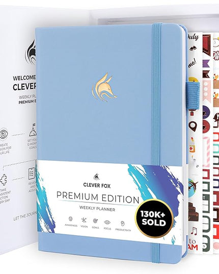 Clever Fox Planner Premium Edition – Undated Luxurious Weekly & Monthly Planner to Increase Productivity and Hit Your Goals – Organizer – Start Anytime, A5, Lasts 1 Year, Light Blue (Weekly)