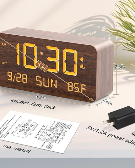 Fomobest Wooden Digital Alarm Clock for Bedroom - Desk Clock with Date, Day of Week, Temperature, Dual Alarms, Dimmer, USB Port Charge, DST, Adjustable Volume for Living Room/Office Wood Decor (Brown)