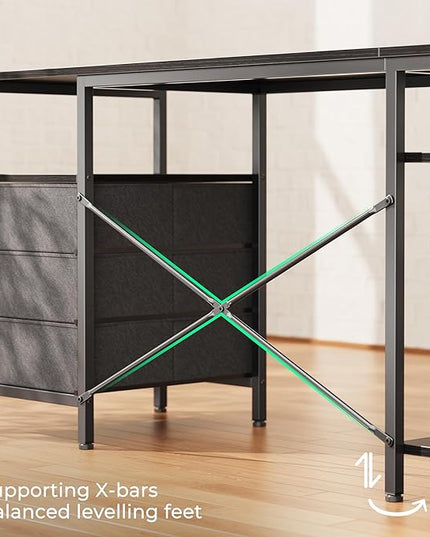 Huuger L Shaped Desk with Power Outlets, 63 Inch Reversible Computer Desk with 3 Drawers and Shelves, Home Office Table for Corner Work Study Writing Gaming, Black