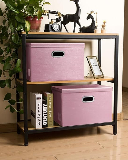 PRANDOM Large Collapsible Storage Box with Lid [1-Pack] Leather Fabric Foldable Storage Bin Organizer Container Basket Cube with Cover for Home Bedroom Closet Office Nursery Pink (17.7x11.8x11.8)