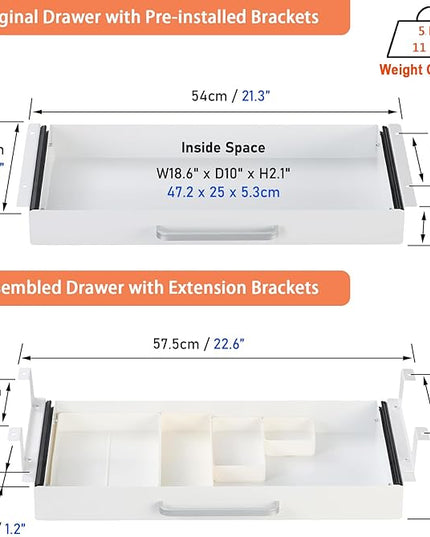 OSteed Under Desk Drawer White 21" with 4 Divider Trays, Under Shelf Pencil Drawer Pull-out, Standing Desk Metal Storage Attachment Slide Out for Workbench