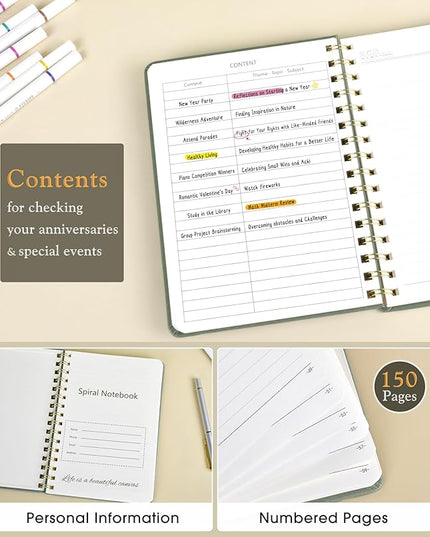 Lined Spiral Journal Notebook, A5 Hardcover Spiral Journals for Women Men, 150 Numbered Pages Spiral Bound Notebook, 100 GSM College Ruled Notebooks for Writing Note Taking 5.75" x 8.38", Sage Green