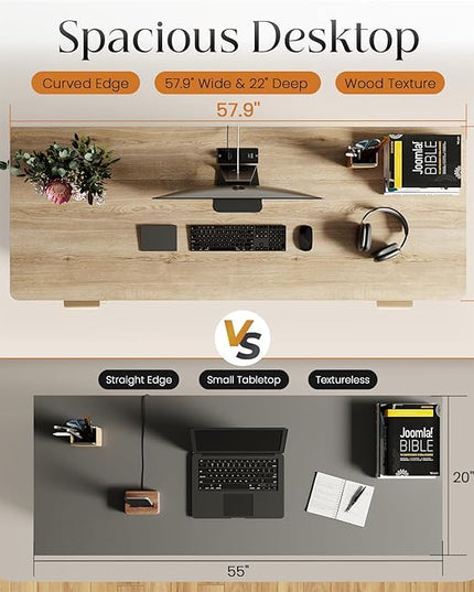 58" Fluted Home Office Desks with Storage, Modern Executive Desk Computer Desks with 5 Drawers & Cabinet, Wood Work Desk File Drawer for Office, Bedroom, Study, Living Room, Oak