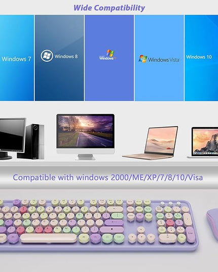 Wireless Typewriter Keyboard and Mouse - Wireless Keyboard with Silent Mouse, Cute Retro Keyboard Mouse Combo, 2.4G USB Computer Keyboard and Mouse for Windows Laptop/Desktop/PC(Purple)