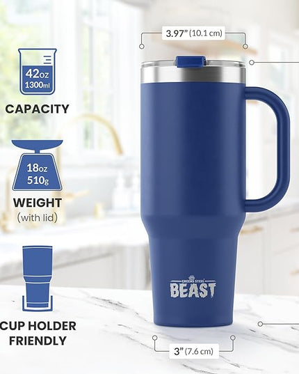 Beast 42 oz Tumbler with Handle Stainless Steel Vacuum Insulated Coffee Ice Cup Double Wall Travel Flask (Royal Blue)