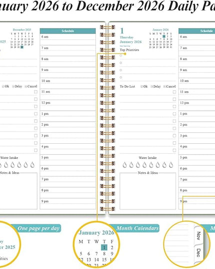 Daily Planner 2026 Full Page Per Day- 2026 Daily & Monthly Planner from January 2026 to December 2026, Day Planner 2026 with 12 Months Tabs, 6.4" x 8,5", Green