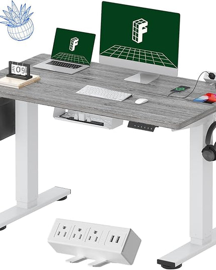 FLEXISPOT EN2 Whole-Piece Standing Desk with Clamp Power Strip, 48 x 24 Electric Stand Up Height Adjustable Desk with Cable Management (White Frame + 48" Gray Wood Grain Desktop, 2 Packages)