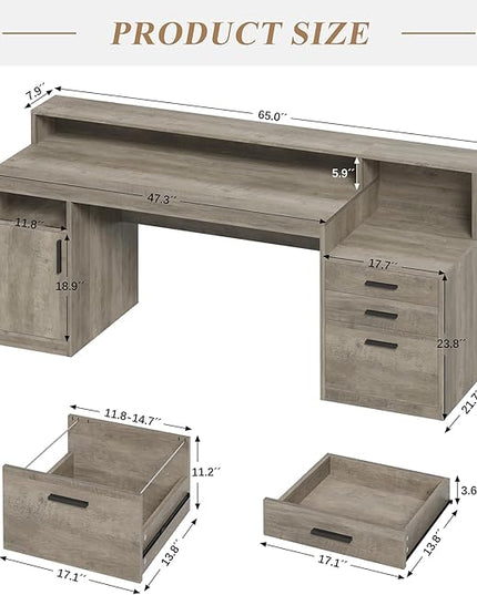Executive Computer Desk with 3 Drawers & Storage Shelves, 65 Inch Home Office Desk with File Drawer & Cabinet, Writing Study Desks with Monitor Stand & Printer Shelf, Executive Desk, Grey