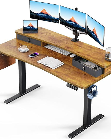 HUANUO 55″ x 26″ Electric Standing Desk with 2 Drawers, C-Clamp Mount Compatible, Height Adjustable Computer Desk, Home Office Stand Up Desk with 4 Preset Heights & 2 Hooks, Vintage Brown