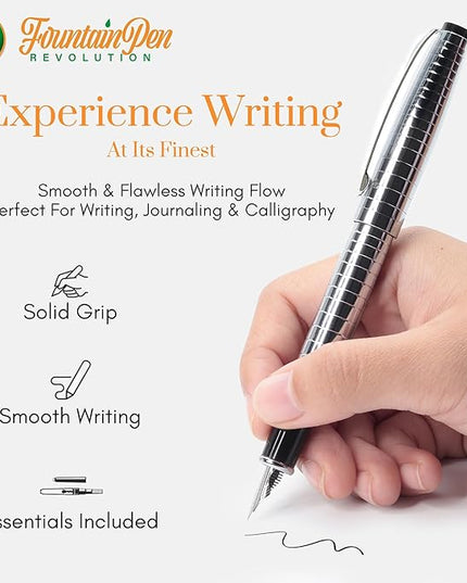 FPR Ambassador Ultra Flex Nib Fountain Pen Set, Chiseled Chrome - Refillable Pen w/Cartridges & Converter - Calligraphy Pens for Writing, Journaling & Gifting - Luxury Pens For Smooth Strokes
