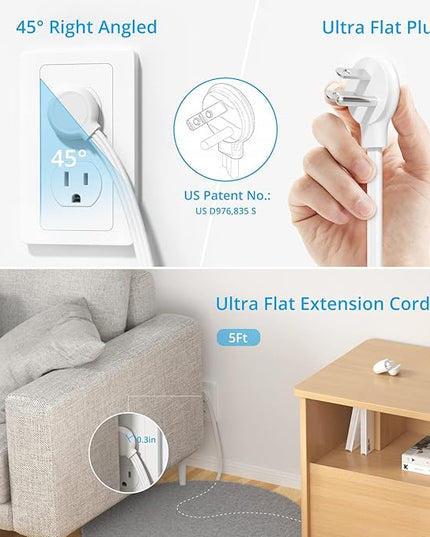TROND Surge Protector Power Strip with USB, Ultra Thin Flat Plug 5ft Extension Cord 1625W, 3 USB A & 1 USB C, 8AC Outlets 1440J Surge Protection Wall Mount for Home Office Dorm Room Essentials, White
