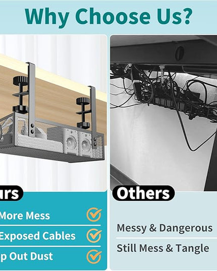 Under Desk Cable Management Tray Black, No Drill Desk Cable Wire Management Organizer with Clamp, PC Cord Organizer Accessories & Workspace for Office, Home
