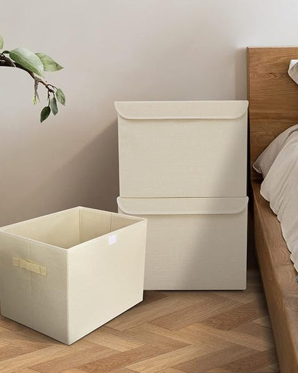 Large 42 Quarts Collapsible Stackable Storage Bins Cube with Lids [3-Pack] Foldable Fabric Linen Storage Boxes, Closet Organizer Baskets with Label for Home (16.7 x 12 x 12, Beige)