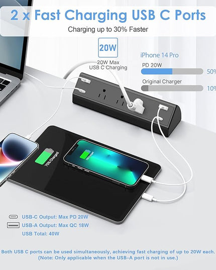 Desk Clamp Power Strip,40W Fast Charging Station,Desktop Mount Surge Protector,2 PD 20W USB C Ports,3 Outlets for Home,Office,Fit 1.9" Tabletop Edge (Black, 3 Outlets & 4 USB Ports & 25 FT Cable)