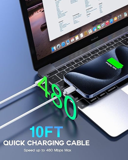 USB C to USB C, 240W USB C Cable, 2-Pack 10ft C to C Cable Fast Charging for MacBook Pro/MacBook Air, iPad Pro/iPad Air, iPhone 16 15 Pro Max Plus, Samsung Galaxy,Compatible 140W/100W/65W/45W/35W/20W