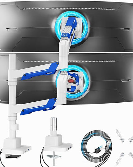 ARES WING Dual Monitor Mount, Adjustable Stacked Monitor Stand with USB A/C, Heavy Duty Gas Spring Monitor Desk Stand for 2 Monitors for 24-57 Inch Ultrawide Screen, 75/100/200 Vesa Mount, White