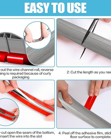 Floor Cord Cover Cavity 0.8"x0.37" Self Adhesive Cord Hider, 10FT Low Profile Cable Management, Extension Strip Protector for Wires, Prevent Cable Trips for Offices, Gyms, Exhibitions (Gray Wood)
