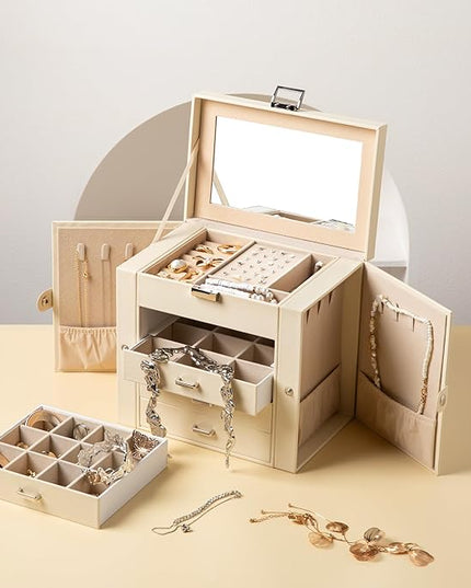 Frebeauty 5-layer Jewelry Box,Faux Leather Jewelry Organizer with 4 Drawers,Jewelry Organizers and Storage with Mirror,Jewelry Holder Organizer for Necklace,Jewerly Boxes for Women Girls(Beige)