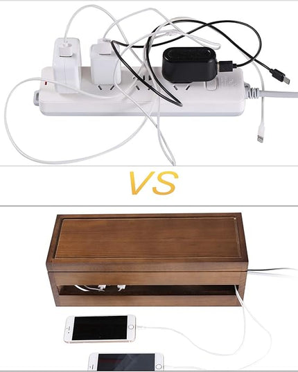 Changsuo Cable Management Box Wooden Cord Organizer Box for Extension Cord Power Stripe Surge Protector Wire Management Concealer Cover Hider for Desktop Home Office Kitchen (Brown)