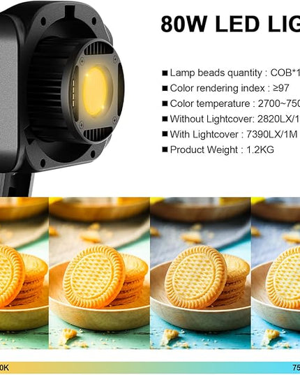 GVM 80W Video Light, Continuous Lighting for Photography with Bowens Mount, 2700~7500K, 44100Lux/0.5m Studio Light with APP, CRI 97+ Bi-Color 8 Scene Lights Support AC Adapter & NP Battery