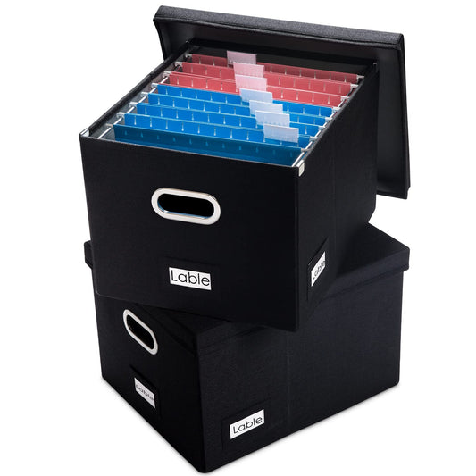 PRANDOM File Organizer Box - Set of 2 Collapsible Decorative Linen Filing Storage Hanging File Folders with Lids Office Cabinet Letter/Legal Size Black (17x14x11.2 inch)