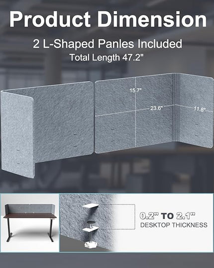 Desk Privacy Panel,2PCS L-Shaped Clamp-On Office Desk Divider,2-in-1 Adjustable Acoustic Desktop Partition Or Under Desk Modesty Screen,for Office,Home,Felt (Grey, 47.2" x 15.7")