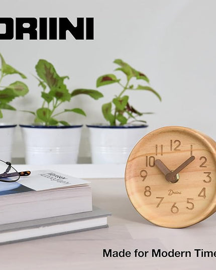 Driini Wooden Analog Desktop Clock – 4.3 in. Decorative Pinewood, No-Tick Design – Easy to Read Silent Sweep Mantle Clock – Quiet Tabletop Clocks with Wood Body, Hands, & Battery Cover; Light