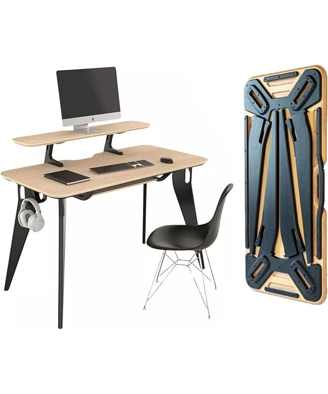 HOEK Desk Bundle, Modular Work from Home Desk with Monitor Shelf, Under Shelf, Side Hook and Wall Cleat, Compact 47.5" x 23", Durable Laminate Surface, Easy Tool-Free Assembly (Birch/Black)