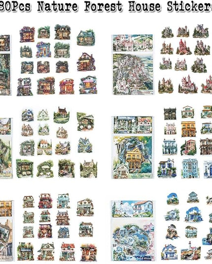 Dwpetzo 6 Pack 180Pcs Nature Scenery Tree House Cottage Castle Manor Scene Stickers for Journaling, Transparent PET Stickers for Scrapbooking, Junk Journal Supplies, Bujo, Collage