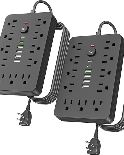 2PCS 6 FT Flat Plug Surge Protector Power Strip,11 Multiple AC Outlets with 6 USB Ports (2 USB C), 6 Feet Extension Cord, 1250W/10A, One Touch Switch Button, 17 in 1 Compact powerstrip
