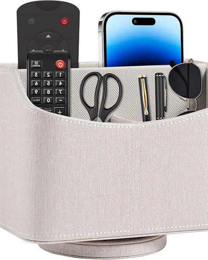 RHCSZ Leather Remote Control Holder 360 Degree Spinning,Desk Rotating Organizer/Caddy for TV Remote Controllers,Pen,Calculator Media Player,DVD,Office Supplies,Mobile Phone Storage Box (Beige)