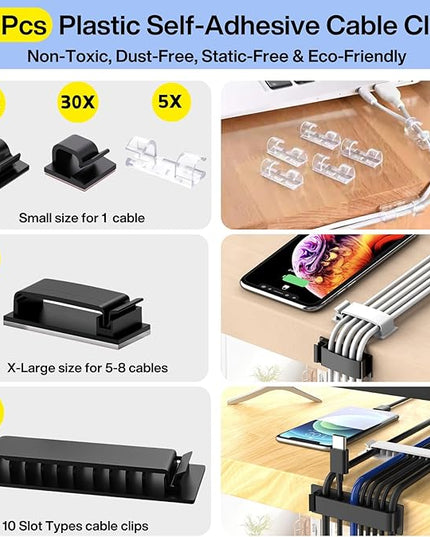 [313Pcs] Cable Management Kit, 67 Adhesive Cable Clips, Topavatop Desk Cord Organizer, 22 Reusable Cable Strap, 4 Cable Sleeve Split, 200 Nylon Cable Zip Ties with 20 Mounts for TV Office Home, Black