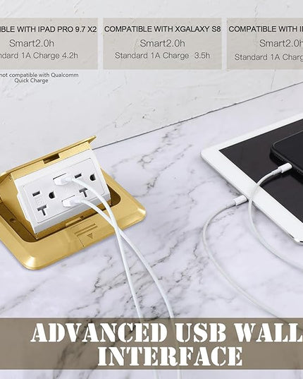 Hoolerry 4 Pack Pop up Floor Electrical Outlet Cover Box Kit with 4.8A USB Charger 20Amp Waterproof Weatherproof Floor Tamper Resistant Outlet Receptacle for Countertop Home (Gold)