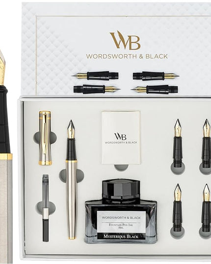 Wordsworth & Black Fountain Pen Gift Set, Includes Ink Bottle, 6 Ink Cartridges, Refill Converter, 4 Replacement Nibs, Premium Package, Journaling, Calligraphy, Smooth Writing Pens [Silver Gold]