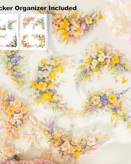 MiyouLuna 60 Pcs Vintage Flower PET Stickers Set, Large Floral Corner Stickers for Scrapbooking, Journaling, DIY Crafts, with Organizer