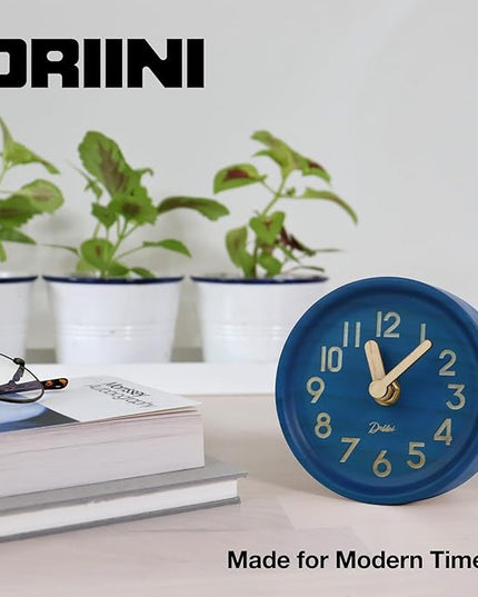Driini Wooden Analog Desktop Clock – 4.3 in. Decorative Pinewood, No-Tick Design – Easy to Read Silent Sweep Mantle Clock – Quiet Tabletop Clocks with Wood Body, Hands, & Battery Cover; Blue