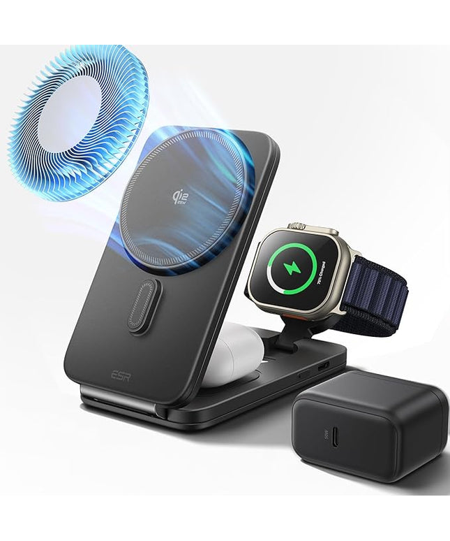 ESR 3 in 1 Charging Station for Apple, Qi2.2 25W MagSafe Charger with CryoBoost, Phone-Cooling Wireless Charging Station Foldable, for iPhone 17/16 with iOS 26(50W Adapter), AirPods, Apple Watch,Black