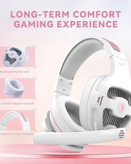 Globalsades SA726 Stereo Gaming Headset for Xbox One PS4 PS5 Controller, Over Ear Headphone with Mic Noise Cancelling Headset for PC Xbox Series (White Pink)