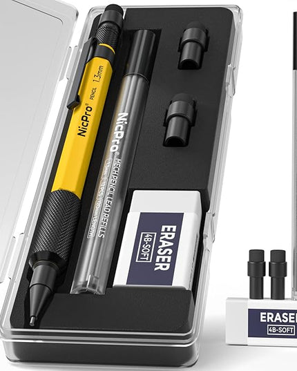 Nicpro 1.3 mm Mechanical Pencil Set with 12 Lead Refill, Eraser - Weatherproof Metal MP2000 Heavy Duty Carpenter Pencil for Outdoor Marking Drafting Drawing Sketching Woodworking - with Case