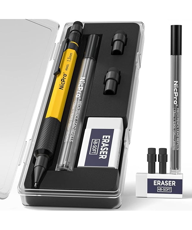 Nicpro 1.3 mm Mechanical Pencil Set with 12 Lead Refill, Eraser - Weatherproof Metal MP2000 Heavy Duty Carpenter Pencil for Outdoor Marking Drafting Drawing Sketching Woodworking - with Case