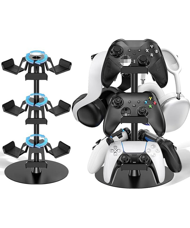 Headset Stand 3 Tiers for Desk, Rotatable Gaming Controller Stand for PS5/PS4/Xbox/Switch2/PS Portal/Phone, Universal PC Gamer Gift Accessory Controller/Headphone Holder for 9 Packs Controller