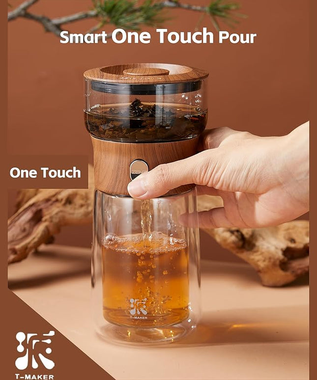 ZENS Modern Glass Infuser Teapot, One Touch Tea Maker for Loose Leaf Tea with Insulated Mug and Portable Case. Enchanted Pot Alternatives for Tea Lover Gifts