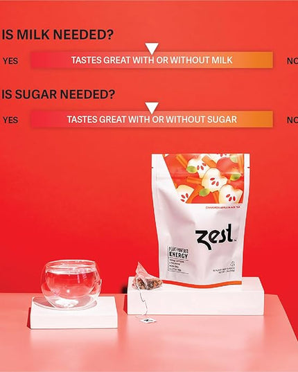 Zest Cinnamon Apple Spice Energy Tea – High Caffeine Black Tea Bags for Focus, Clarity & Morning Energy – Natural Non-GMO Caffeinated Breakfast Tea – Cozy Fall Focus Tea with 150mg Caf – 20Ct Pack