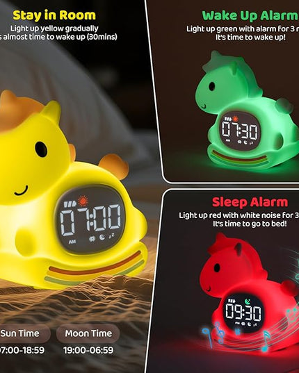 Alarm Clock with Night Light for Kids with Sleep Training and Sound Machine, Rechargeable Silicone Lamp OK to Wake Clock，Cute Animal Tabletop Lamp, Perfect Sleep Companion for Boys Girls,Pink Pony