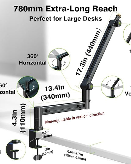 Low Profile Boom Arm (Design for Heavy Mic) 6.6lbs Load Capacity, Stable Gear Lock Structure Never Sags, Metal Microphone Stand Desk Mount for Shure SM7B MV7+, Blue Yeti,Rode PodMic