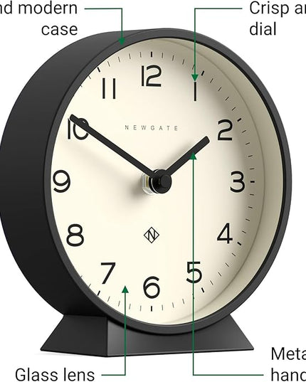 NEWGATE® M Mantel Echo Desk Clock | Modern Round Design | Black | Easy to Read Numbers | Contemporary Style for Desk, Table, Shelf or Bedside