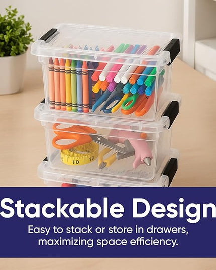 Superio Mini Storage Container Plastic Crayon Box Art Supplies and Sewing Case Stackable Clear Small Organizer for Beads, Stationery, Chalk, and Food, 1.05 Quart, 8 Pack